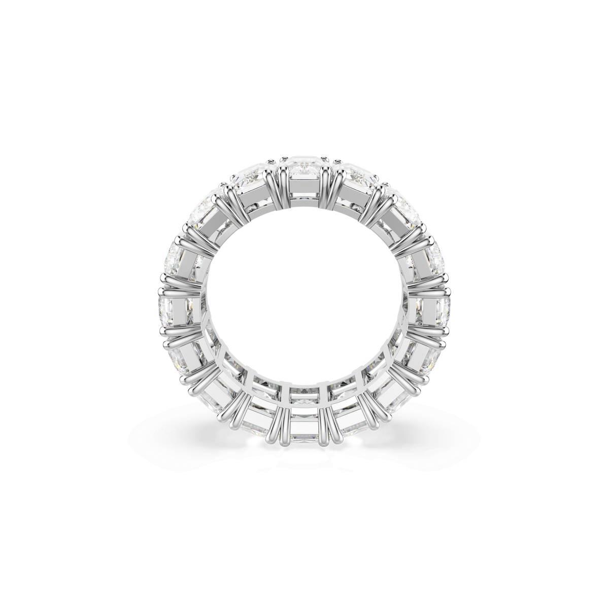 The Swarovski Matrix Vittore ring features baguette-cut white stones set all around a rhodium-plated band, displayed upright on a white background—an elegant piece of jewelry perfect for stacking.
