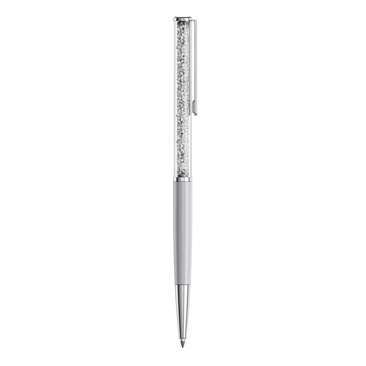 The Swarovski Crystalline ballpoint pen features a sleek gray, lacquered barrel filled with sparkling clear crystals and is finished with chrome-plated accents and a practical clip, beautifully showcased against a plain white background.