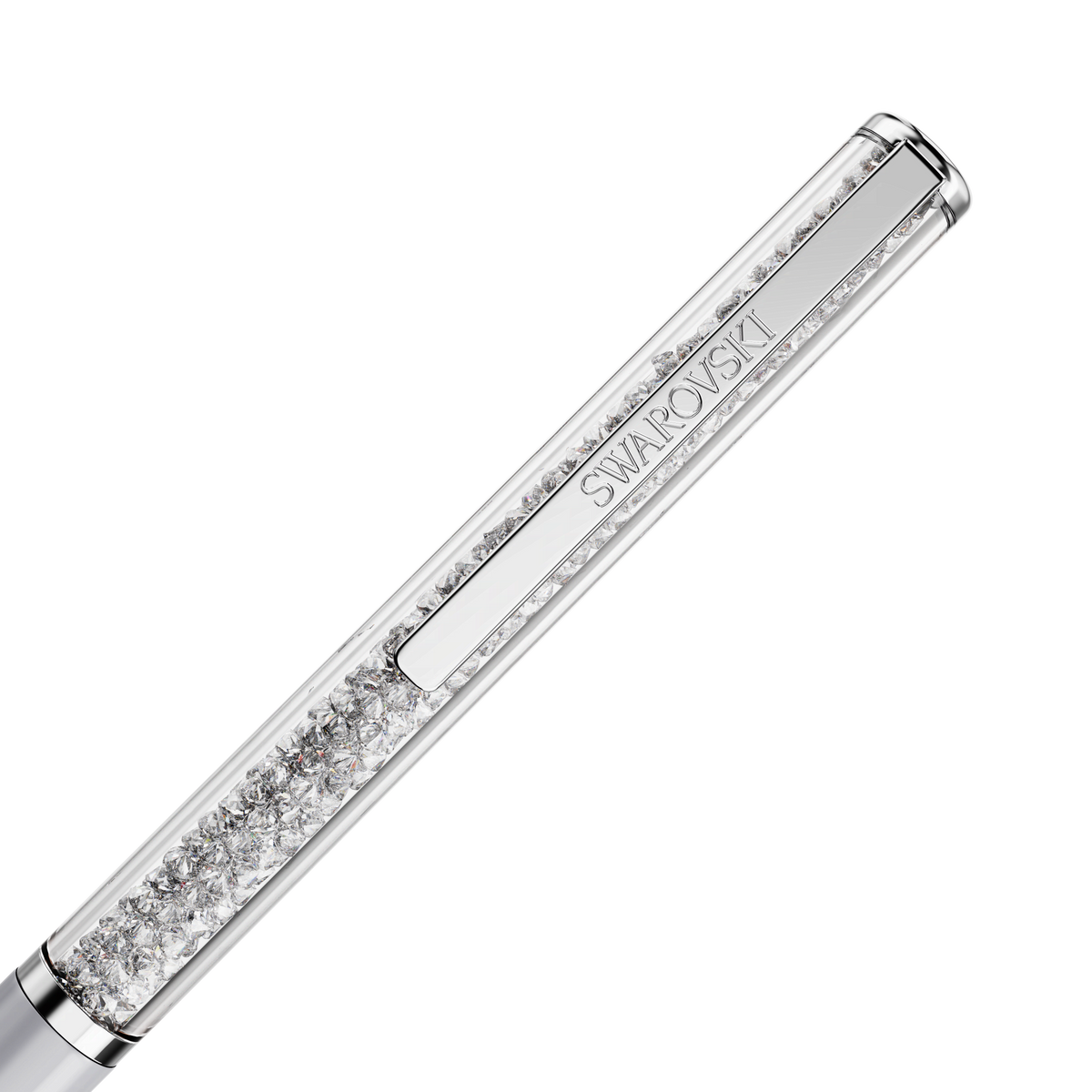 A close-up of the Swarovski Crystalline ballpoint pen in gray, featuring a slender chrome-plated clip adorned with clear crystals and engraved with “SWAROVSKI,” photographed against a white background.