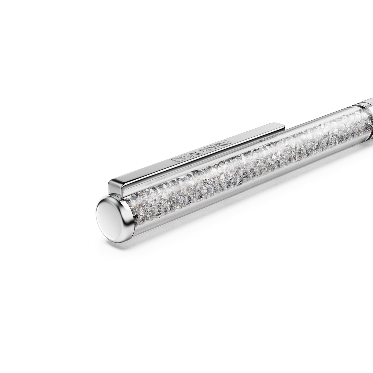 A close-up of the Swarovski Crystalline ballpoint pen in gray, featuring a slender silhouette with a transparent barrel filled with clear crystals and chrome-plated accents, displayed against a plain white background. This elegant design showcases the refined brilliance synonymous with Swarovski craftsmanship.