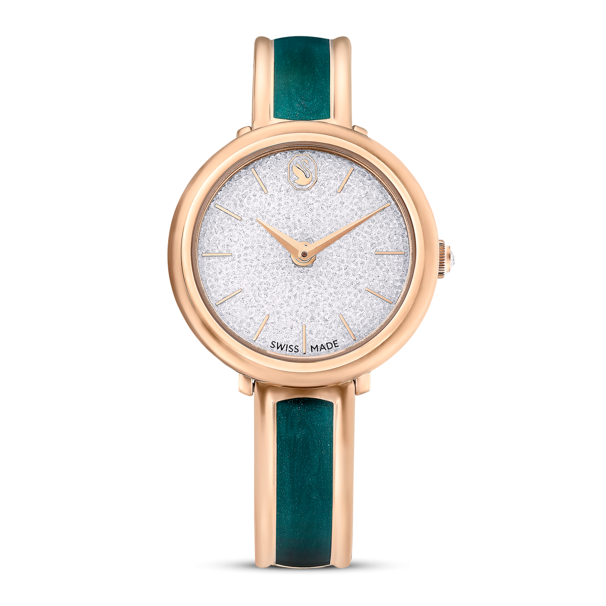 A sophisticated Swarovski Crystalline Bangle watch featuring a rose PVD case and bracelet, a shimmering crystal dial, minimalist gold-toned hour markers, and “SWISS MADE” inscribed at the bottom. The elegant 32mm quartz timepiece is adorned with the Swarovski logo at the top, reminiscent of refined crystal craftsmanship.
