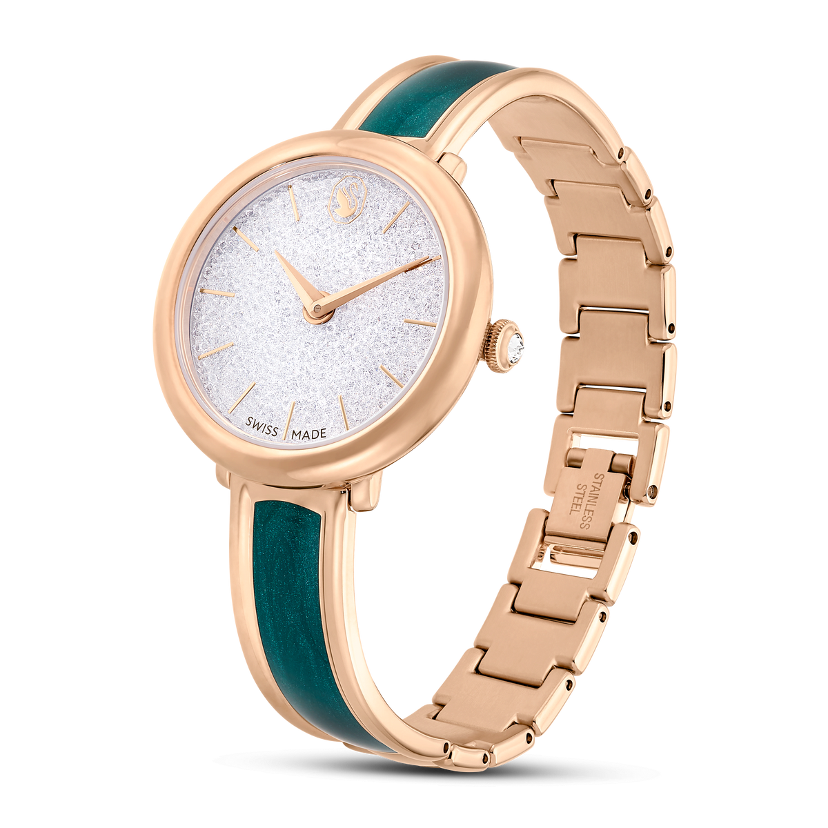 A rose PVD bangle watch with a sparkling crystal dial, rose gold hour markers and hands, and a matching rose PVD bracelet. The Swarovski brand logo is displayed on the watch face, adding an elegant touch to this 32mm quartz timepiece.
