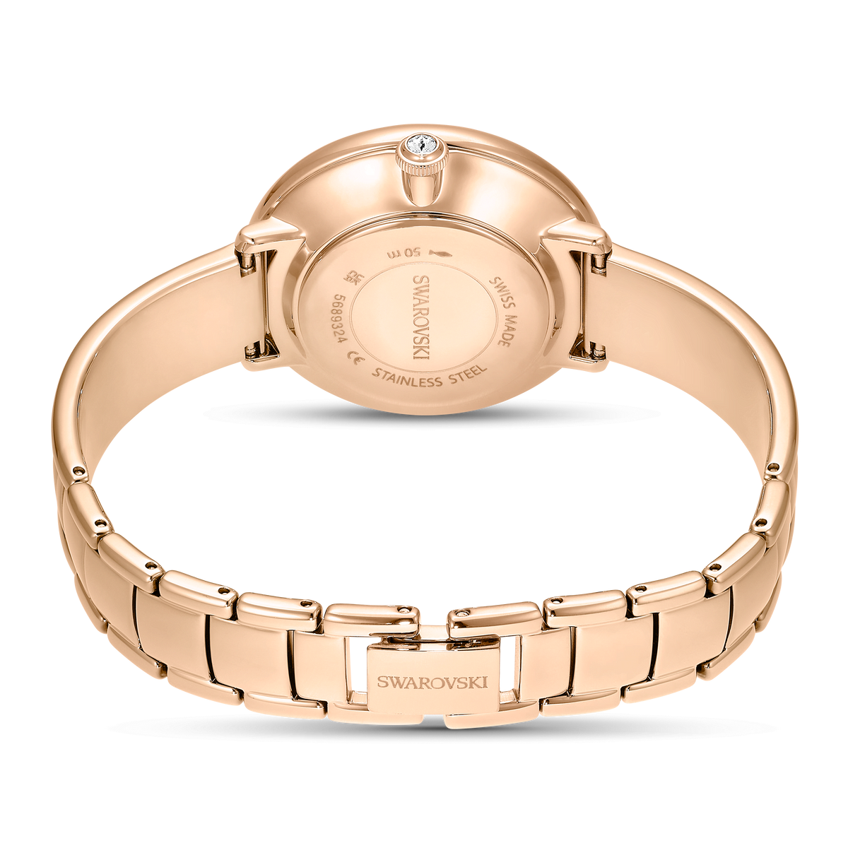 The Swarovski Crystalline Bangle Quartz Watch, featuring a 32MM rose PVD case and matching rose PVD bracelet, is shown from the back, highlighting its stainless steel case, crystal-accented dial, and an engraved clasp with the Swarovski logo.