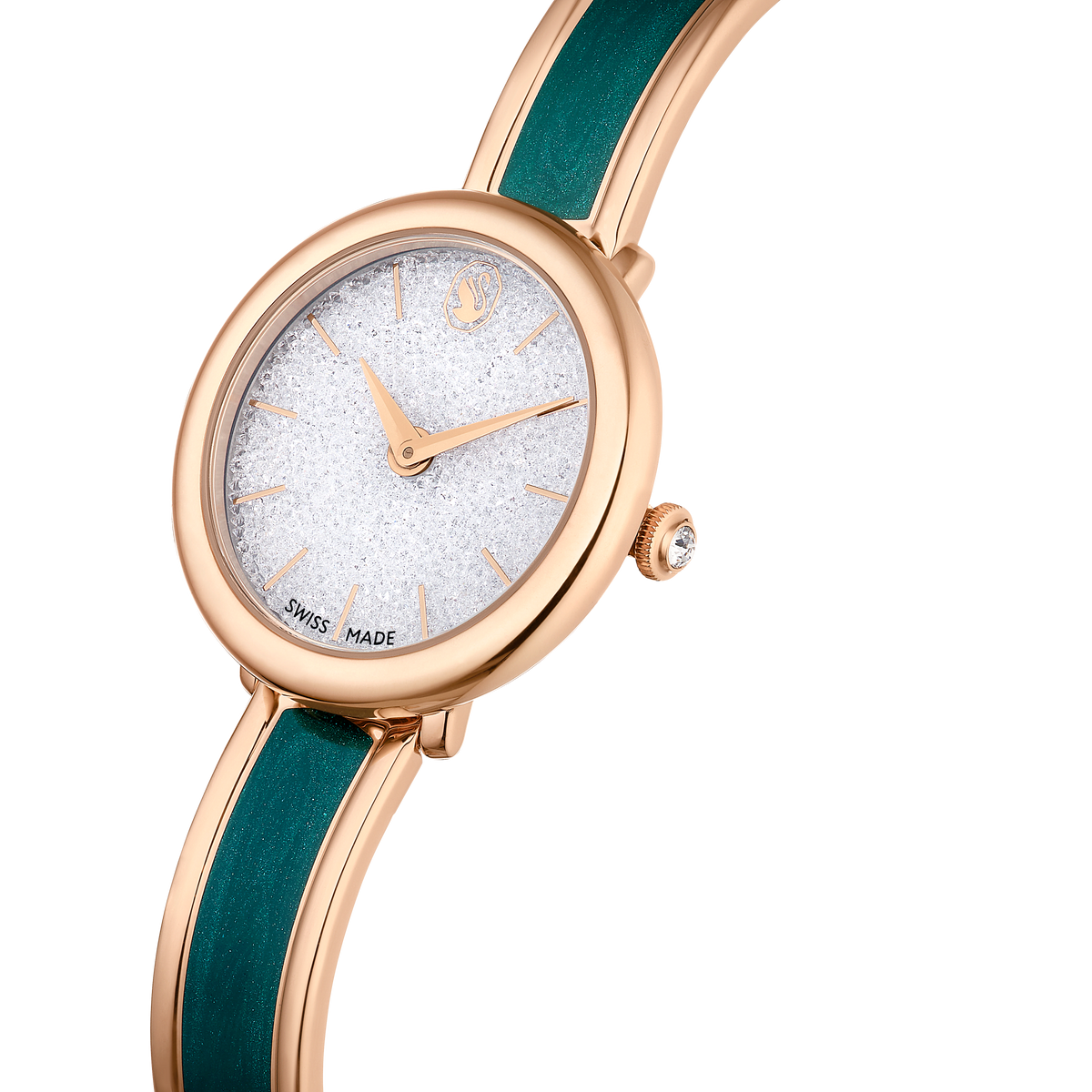 A rose PVD wristwatch by Swarovski, the Crystalline Bangle features a 32MM case with a crystal dial, rose PVD bracelet, and sparkling accents for an elegant look. The Swiss-made quartz watch is inspired by classic Swarovski design.