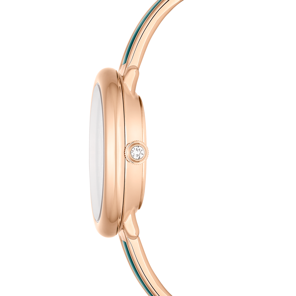 Side view of the Swarovski Crystalline Bangle, featuring a rose PVD round case with a crown set with a small gem. This 32MM quartz watch boasts a slim, minimalist profile and a slender bracelet with a metallic rose PVD finish. The crystal dial is not visible in this view.