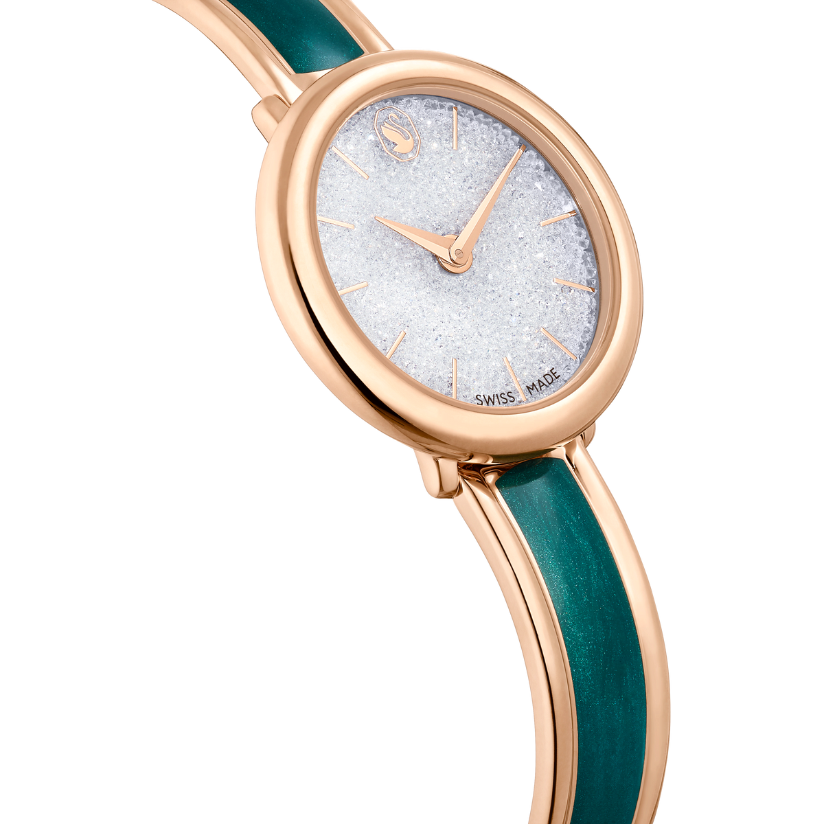 Showcased at an angle on a white background, the Swarovski Crystalline Bangle Quartz Watch features a 32MM rose PVD case and bracelet, accented by a crystal dial with gold hands and markers.