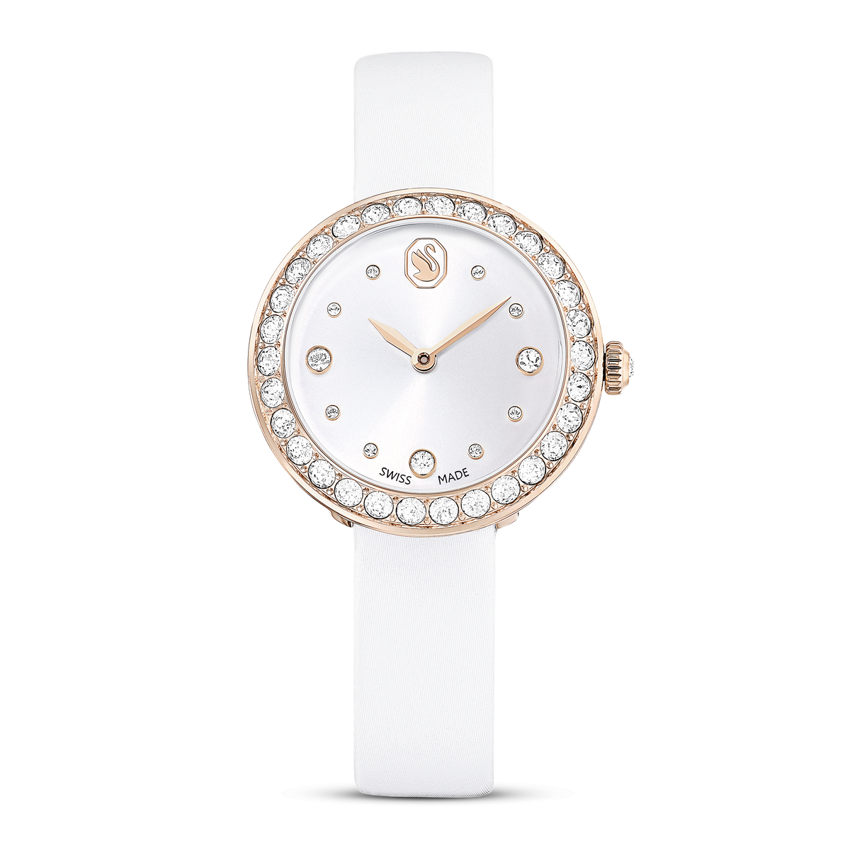 Introducing the Swarovski Matrix Tennis watch Swiss Made—featuring a white round dial, champagne gold-tone bezel embellished with clear stones, simple gold hour and minute hands, and a sleek white leather strap. The dial is accented with delicate crystal hour markers, showcasing the refined elegance characteristic of Swarovski craftsmanship. Available at Raffi Jewellers.