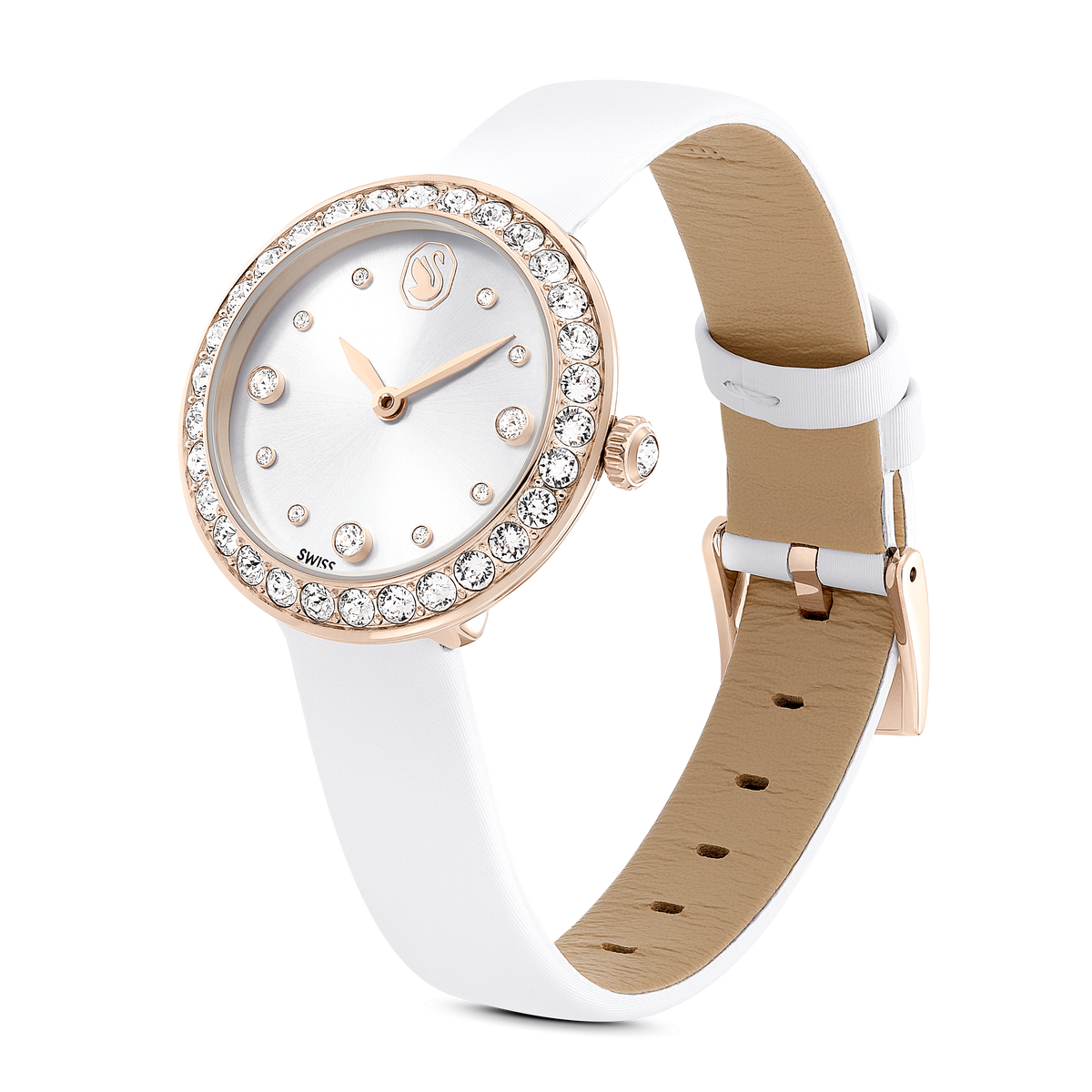 Experience timeless elegance with the Swarovski Matrix Tennis watch—a Swiss Made timepiece featuring a white leather strap, champagne gold-tone finish case, crystal-studded bezel, and a minimalist white dial adorned with sparkling crystal hour markers.