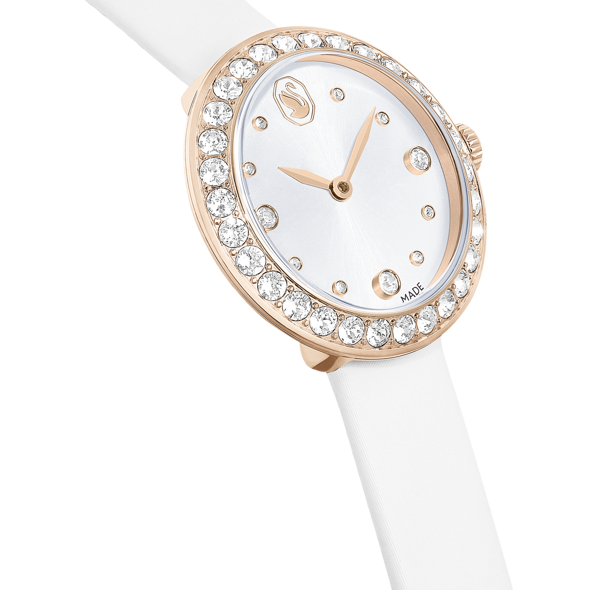 The Swarovski Matrix Tennis watch features Swiss Made craftsmanship with a white leather strap, a champagne gold-tone finish, and a minimalist white dial—available at Raffi Jewellers.