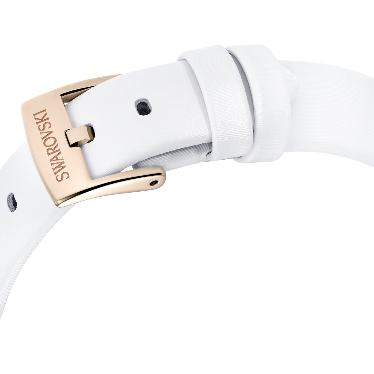 Close-up of the white leather strap from the Swarovski Matrix Tennis watch Swiss Made, showcasing a champagne gold-tone buckle engraved with “SWAROVSKI,” set against a plain white background. This timepiece is available at Raffi Jewellers.