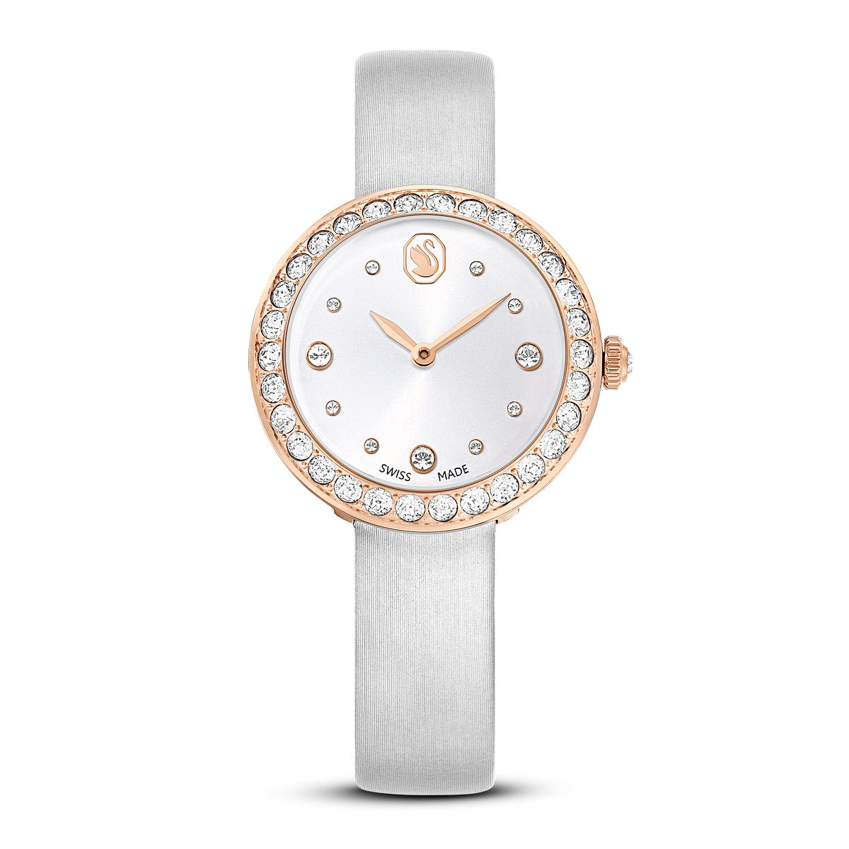 Swarovski Matrix Tennis Quartz Watch with a 30mm round white dial, rose gold PVD case embellished with clear crystals, minimalist hour markers, and a smooth light gray leather bracelet.