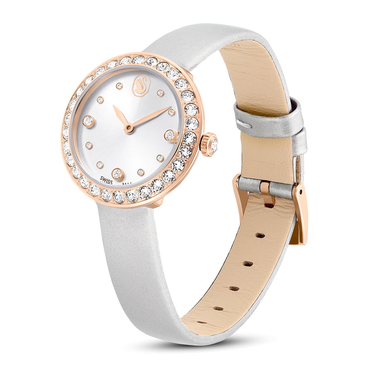 Experience timeless elegance with the Swarovski Matrix Tennis Quartz Watch. Featuring a 30MM rose gold-tone PVD case adorned with sparkling crystals, a white dial, and minimalist crystal hour markers without numbers, this sophisticated timepiece is paired with a light gray leather bracelet for a refined and modern look.