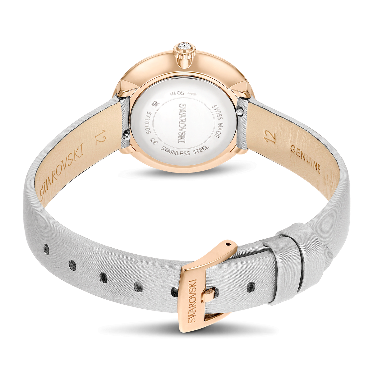 A rear view of the Swarovski Matrix Tennis Quartz Watch (30MM), featuring a rose gold-tone PVD case, white leather bracelet, visible “Swarovski” branding, and stainless steel case markings.