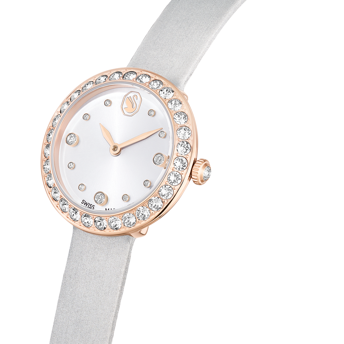 The Swarovski Matrix Tennis Quartz Watch, featuring a 30MM white dial, rose gold-tone PVD case, gem-set bezel, and light gray leather bracelet, is displayed on a white background.