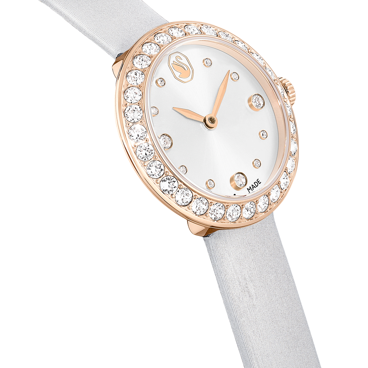 Swarovski Matrix Tennis Quartz Watch, featuring a rose PVD case, white leather bracelet, minimalist white dial with gold hands and markers, and a crystal-studded bezel for an elegant touch.