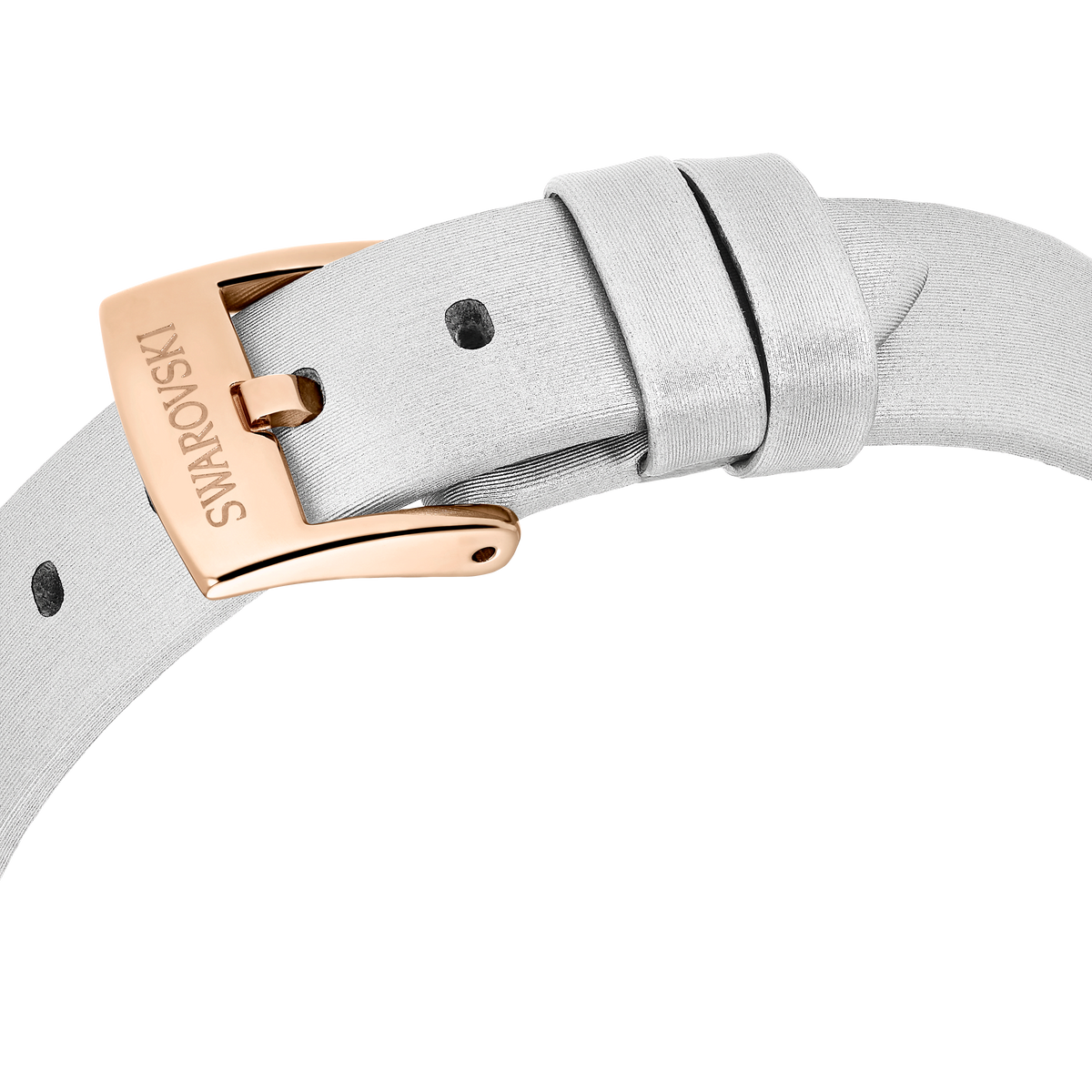 Close-up of the Swarovski Matrix Tennis Quartz Watch, featuring a light gray leather bracelet and a gold-tone buckle engraved with “SWAROVSKI,” set against a plain white background.
