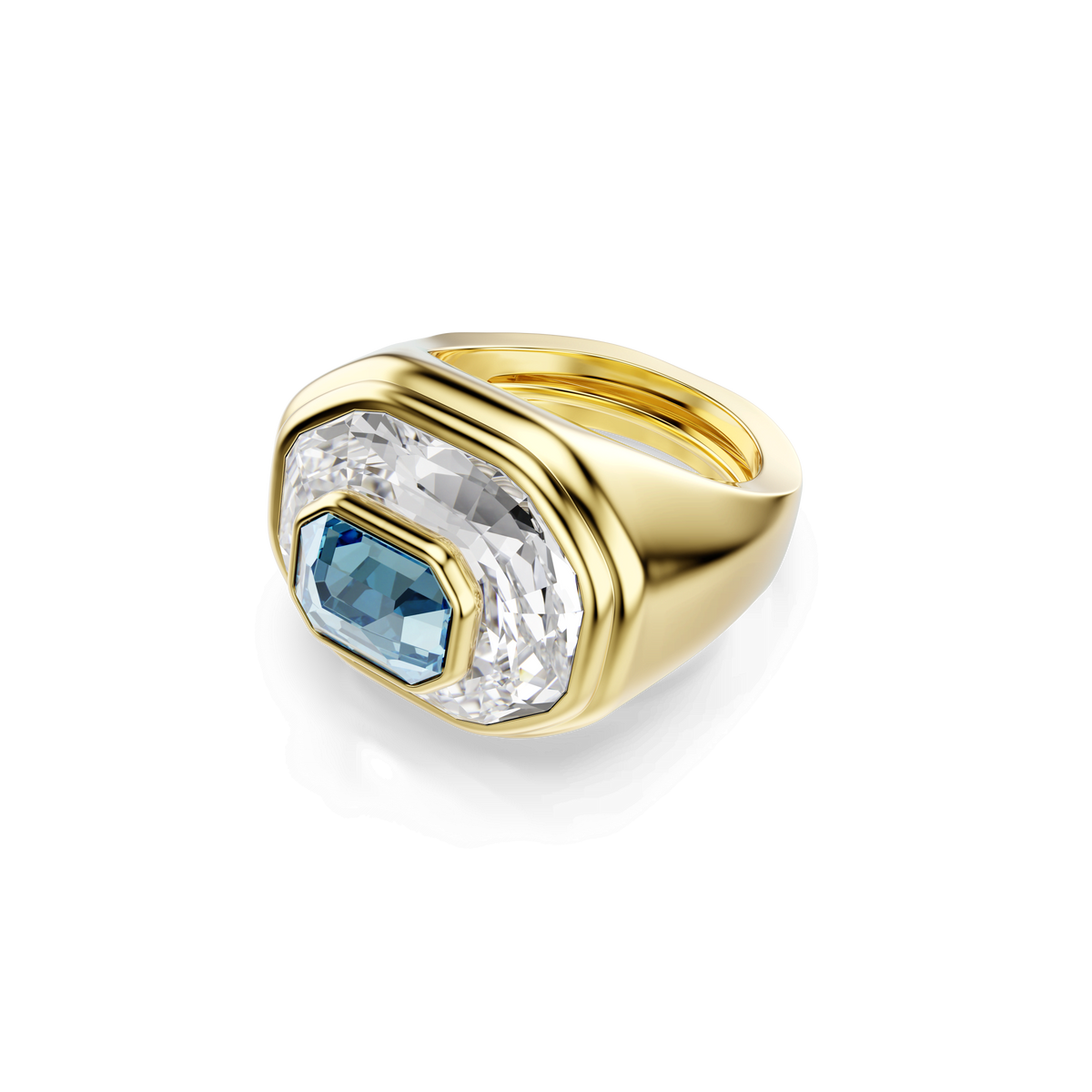 Introducing the Swarovski Chroma cocktail ring—a captivating statement piece from Swarovski Canada. Featuring a striking octagon-cut clear gem bordered by a vivid blue rectangular stone, this gold-tone plated ring blends modern sophistication with timeless elegance. Available in sizes 55-60, it’s the perfect accessory for any contemporary look.
