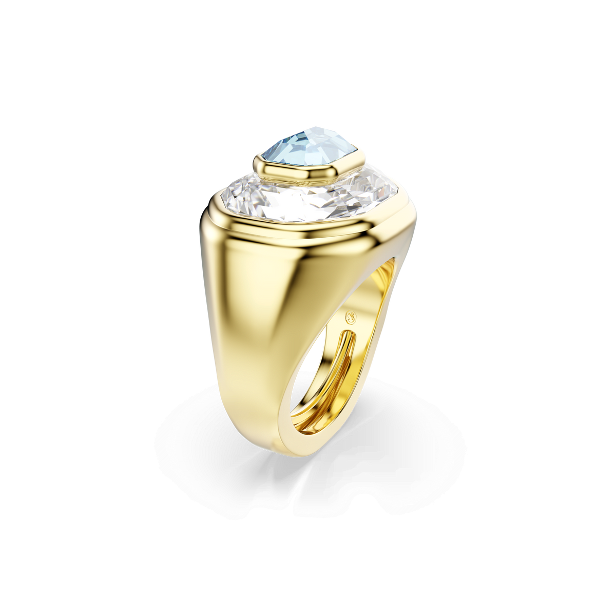 Showcased against a white background, the Swarovski Chroma cocktail ring features a gold-tone plated thick band adorned with an octagon-cut blue gemstone set alongside a large clear stone. Inspired by Swarovski Canada’s signature style, this bold piece encapsulates the elegant aesthetic of the iconic Chroma collection. Available in sizes 55-60.