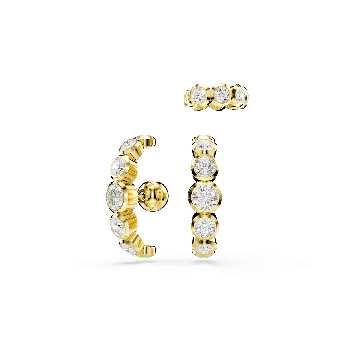 A trio of Swarovski Imber ear cuffs, each gold-tone plated and embellished with round-cut white stones, showcased against a plain white background. The set features earrings in varying sizes arranged vertically from largest on the left to smallest on the right, reflecting the refined aesthetic of Swarovski.