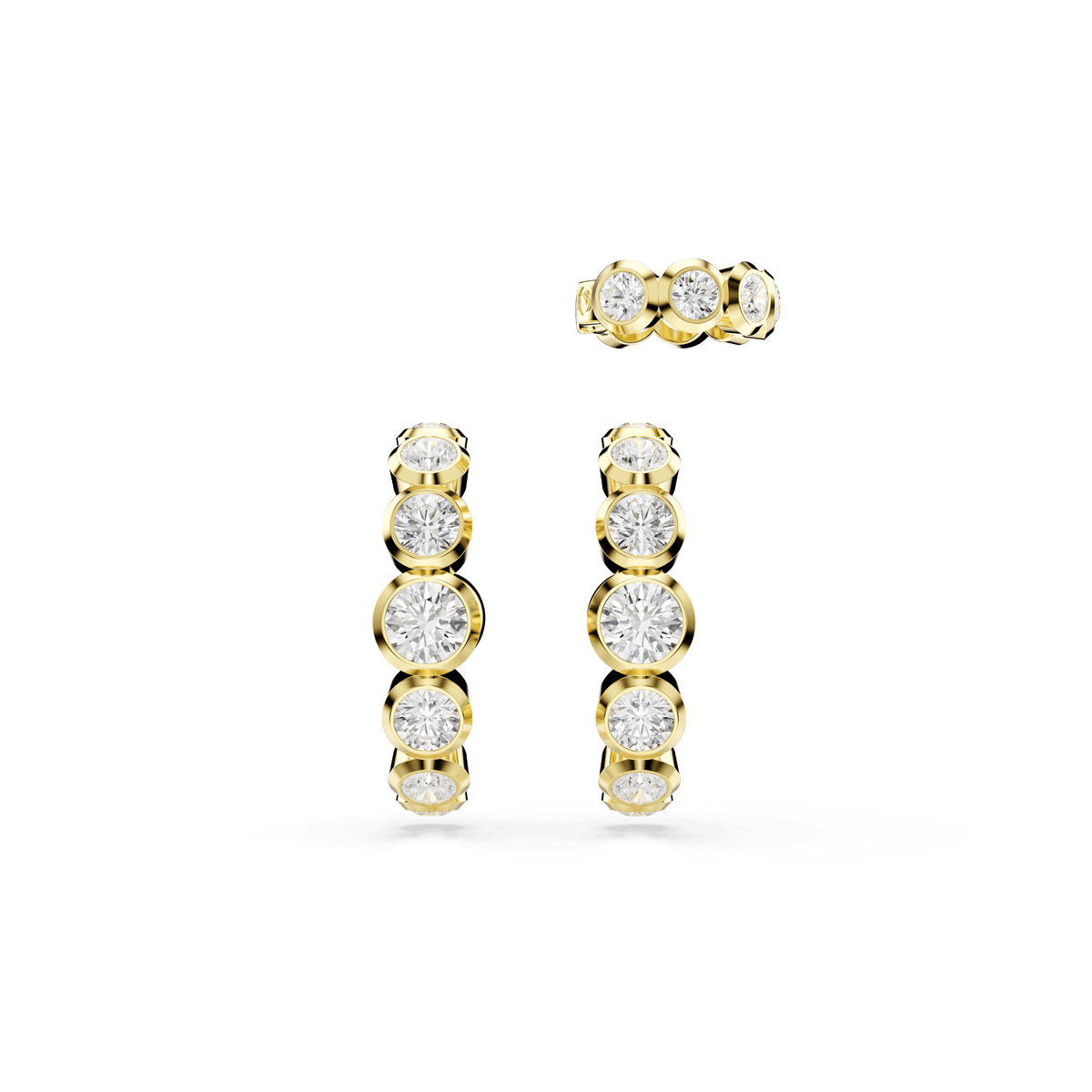 The Swarovski Imber ear cuff Set (3), from Swarovski, features gold-tone plated hoop designs each embellished with evenly spaced, round, clear gemstones along the front—an elegant accessory displayed on a plain white background, perfect for adding refined sparkle to any look and available at Raffi Jewellers.