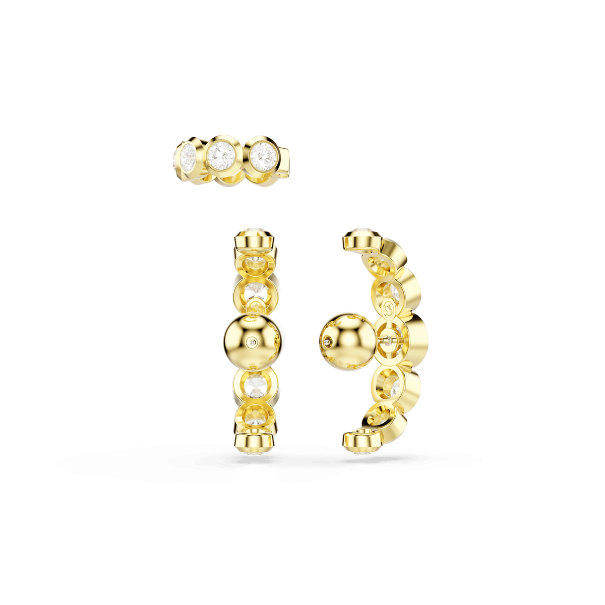 Three gold-tone plated hoop ear cuffs from the Swarovski Imber Set are shown from different angles against a plain white background, each featuring round-cut white stones that highlight their elegant Swarovski craftsmanship.