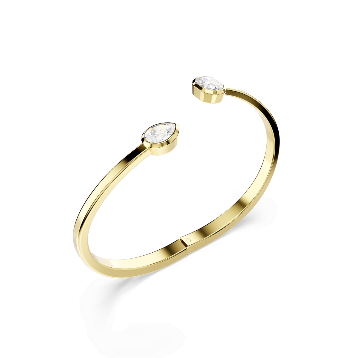 A Swarovski Imber bangle with an 18K gold finish, featuring mixed-cut white stones at each end, is showcased against a plain white background.
