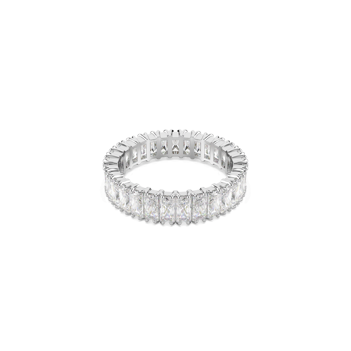 The Swarovski Matrix ring, featuring baguette-cut Swarovski Zirconia gemstones in a continuous row and a silver-tone finish, is displayed against a plain white background.