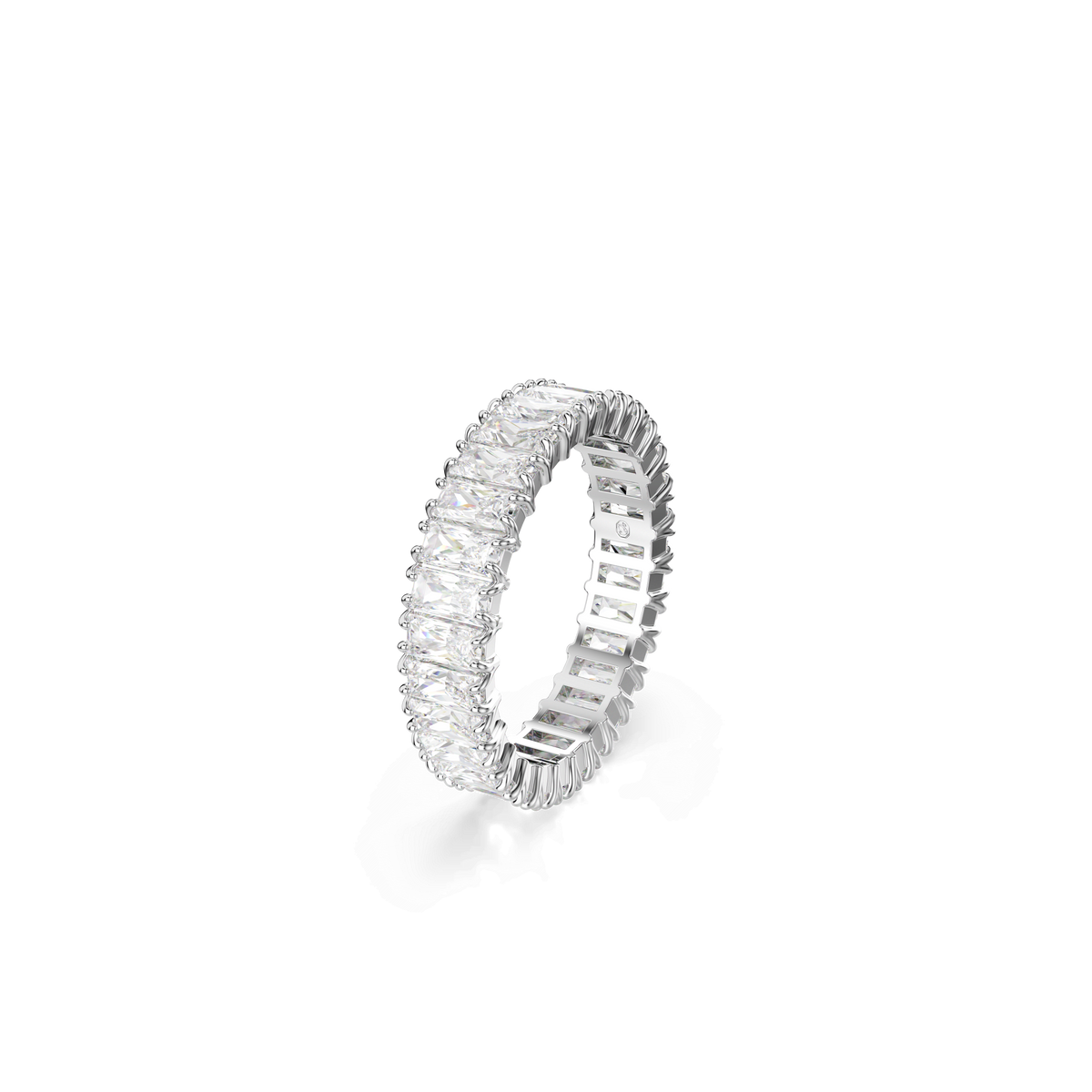 The Swarovski Matrix ring features baguette-cut white crystals set all around a silver-tone band, displayed on a white background.