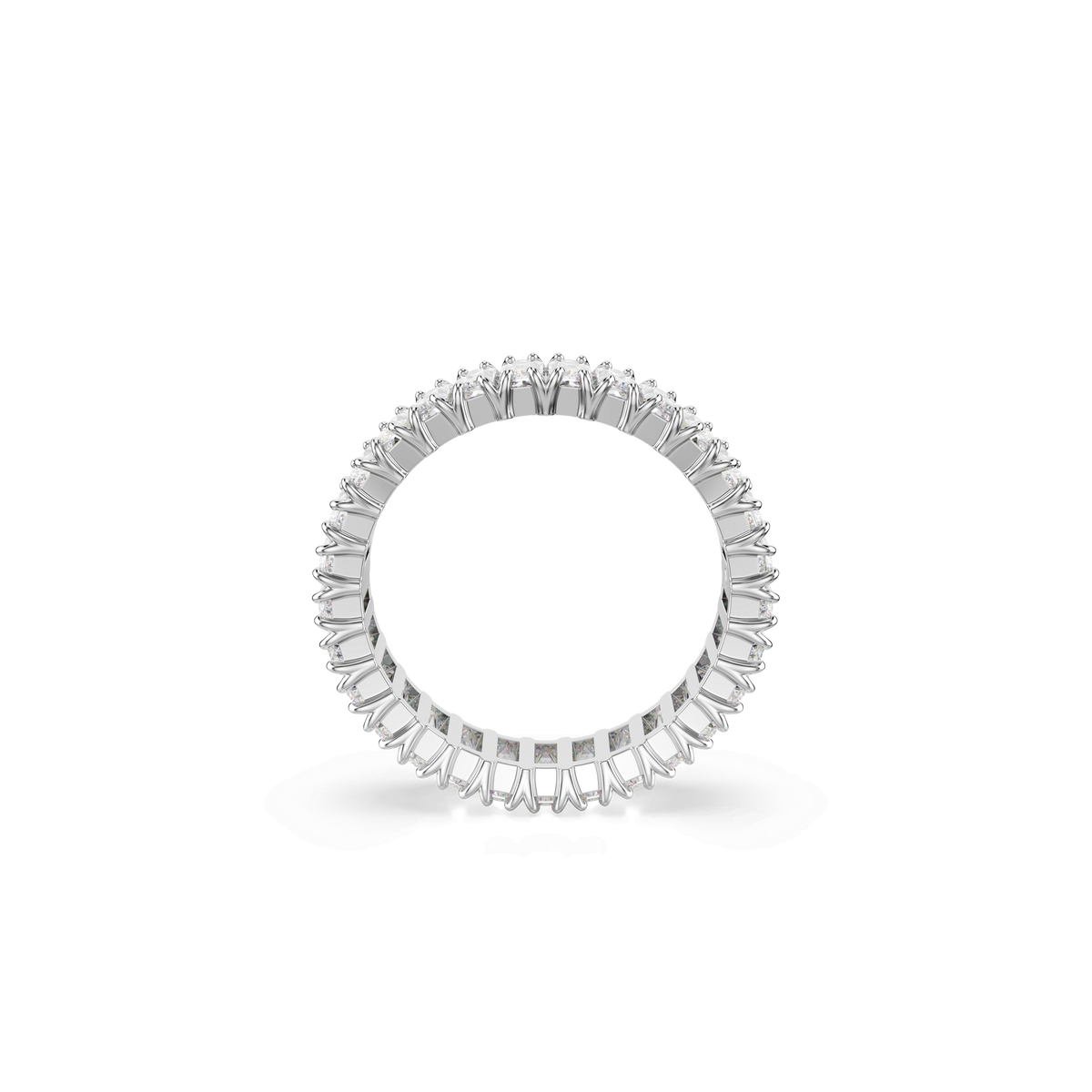 A Swarovski Matrix ring featuring a continuous row of white, baguette-cut stones in a silver-tone finish, displayed upright against a plain white background.