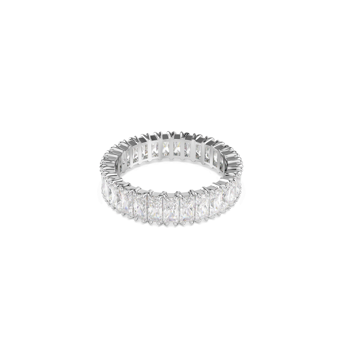 Introducing the Swarovski Matrix ring by Swarovski, featuring a silver-tone finish and adorned with a continuous row of clear, baguette-cut stones set around the entire band, elegantly displayed on a white background.