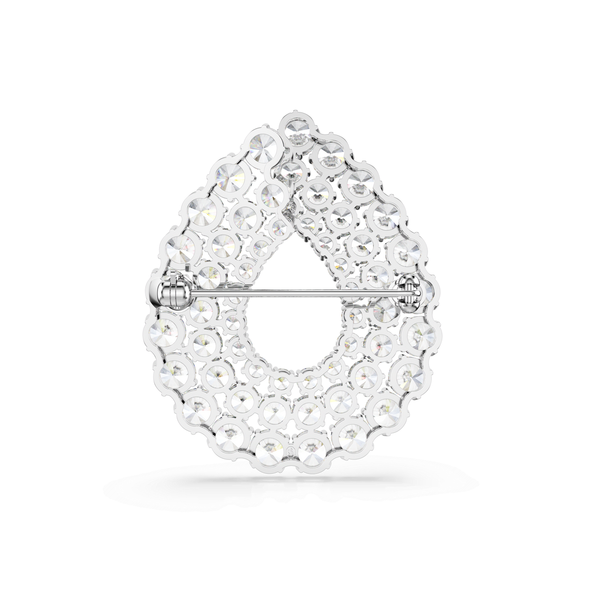 The Swarovski Matrix brooch features a teardrop shape with a hollow center, adorned with round-cut, clear Swarovski Zirconia gemstones. This rhodium-plated, silver brooch from Swarovski is secured with a pin clasp on the back.