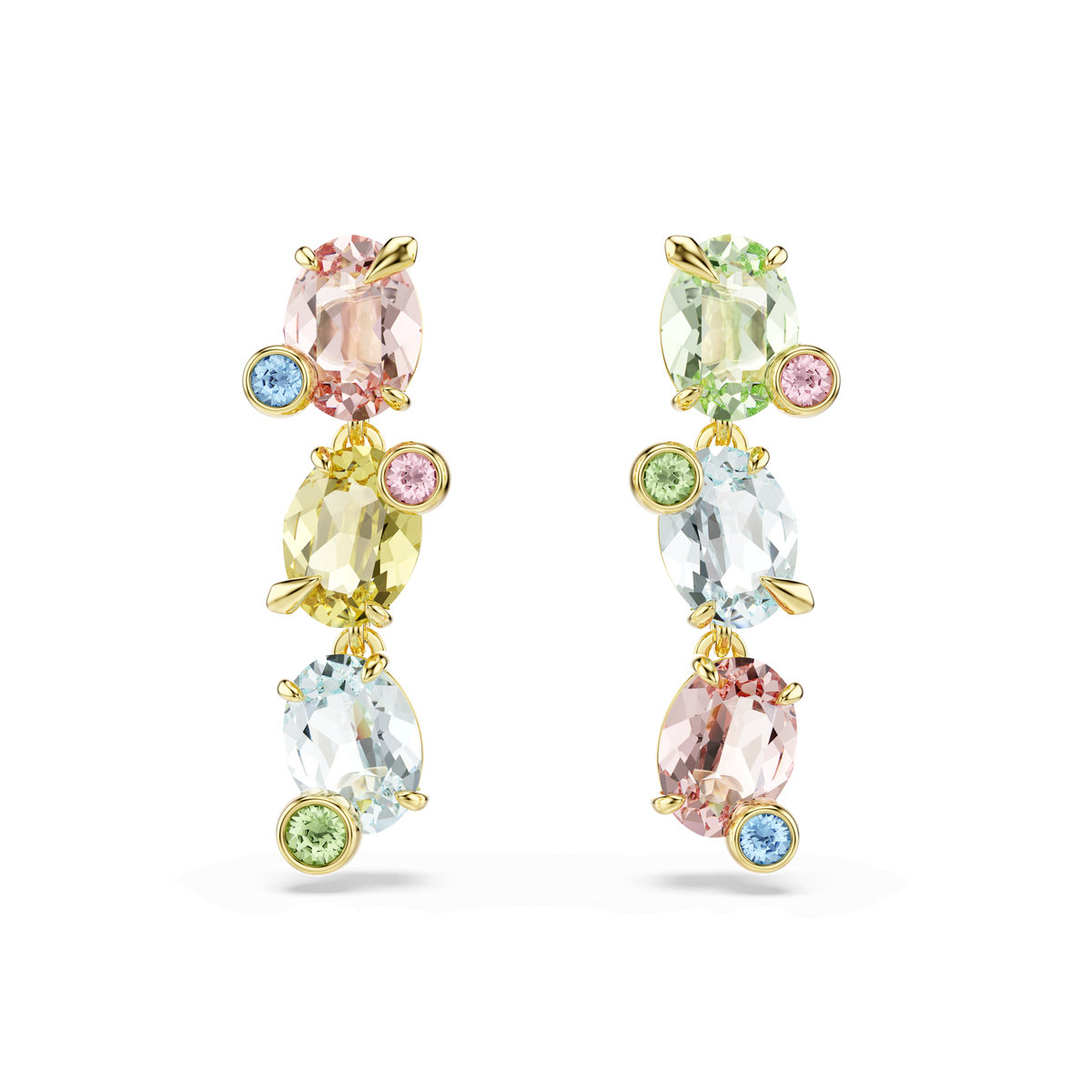 A pair of Swarovski Gema drop earrings in an asymmetrical design, featuring mixed-cut multicolored gemstones and gold-tone plating, displayed on a light background. These statement earrings are a stunning addition to any Swarovski Canada collection.