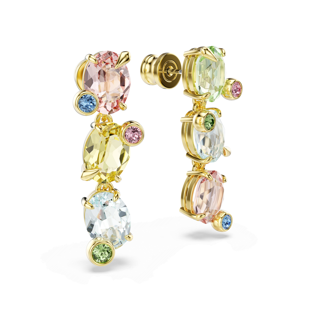 A pair of Swarovski Gema drop earrings, featuring an asymmetrical design with mixed cuts and multicolored gemstones—including pink, blue, yellow, and green—set in a gold-tone plated style, displayed on a white background.