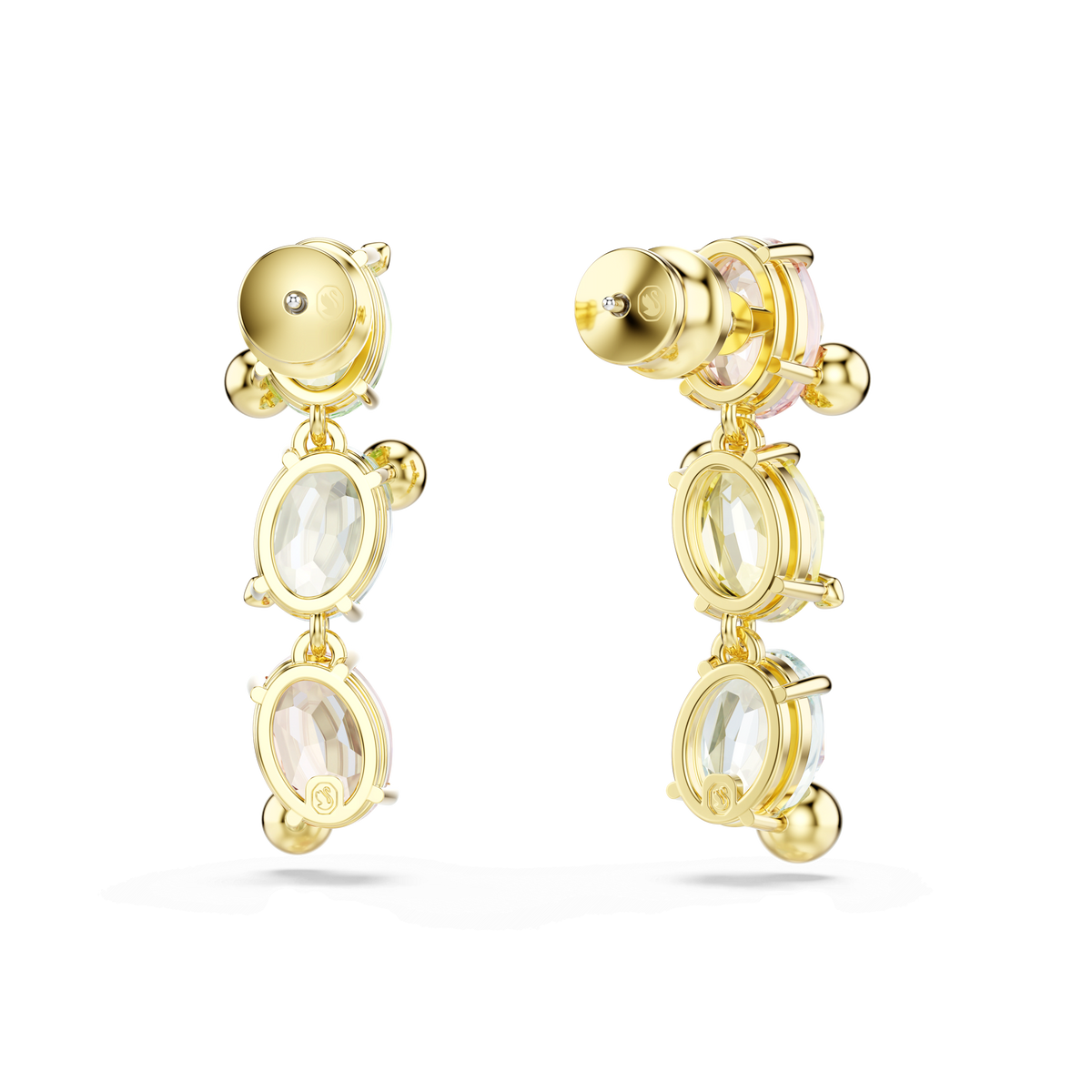Two gold-tone plated Swarovski Gema drop earrings, featuring an asymmetrical design with mixed cuts and multicolored stones, are shown with post backings on a plain white background.