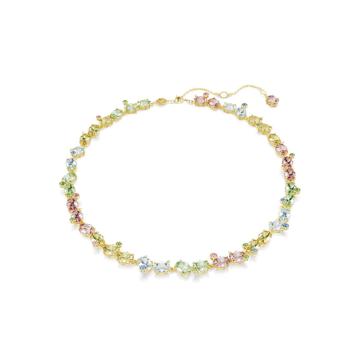 The Swarovski Gema necklace features mixed-cut, multicolored crystals in pastel blue, green, pink, and yellow tones, delicately arranged in an alternating pattern. Finished with an 18K gold coating and an adjustable clasp for the perfect fit, this Swarovski jewelry piece embodies timeless elegance.