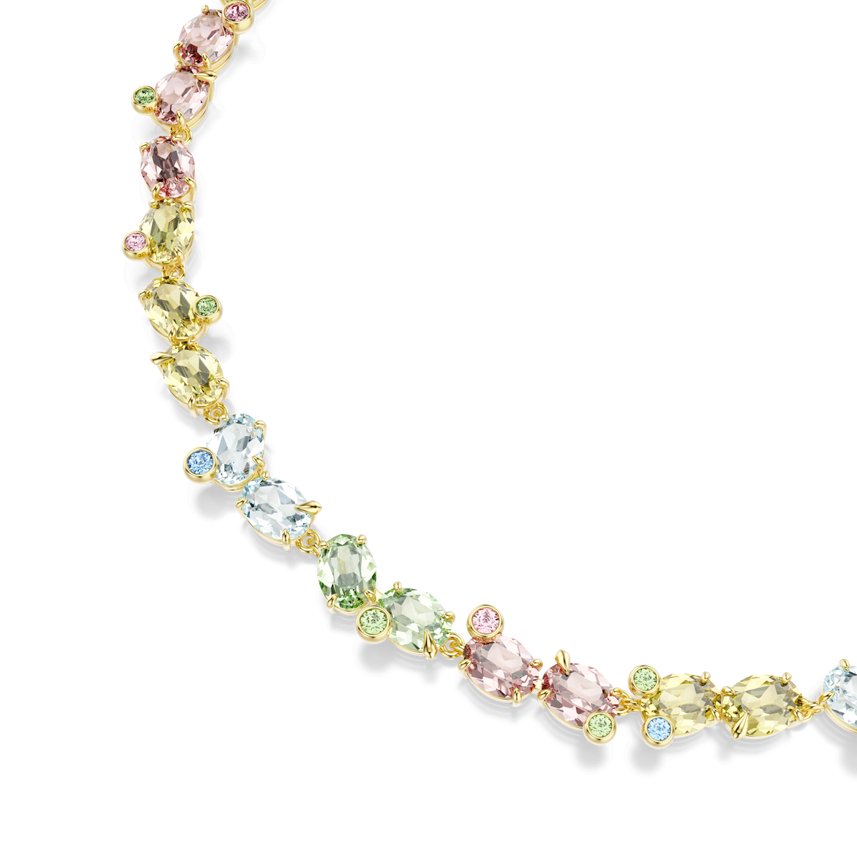 Introducing the Swarovski Gema necklace—an exquisite piece featuring mixed-cut multicolored crystals in delicate pastel shades of pink, yellow, green, and blue. Expertly crafted with an elegant 18K gold finish, this stunning necklace from Swarovski beautifully showcases its alternating crystal arrangement, making it a perfect choice for crystal jewelry enthusiasts.