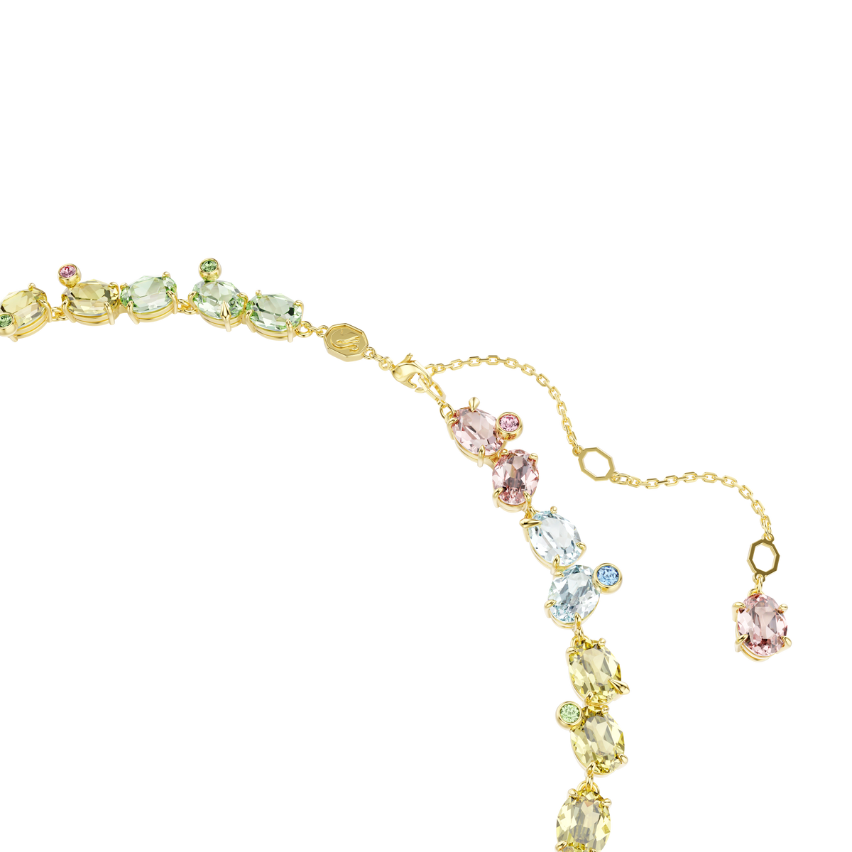 The Swarovski Gema necklace features mixed-cut multicolored gemstones in pastel hues, elegantly set with an 18K gold finish. This refined crystal jewelry piece comes with an adjustable chain and clasp, beautifully showcased on a white background.