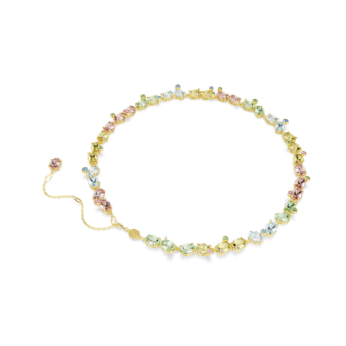 The Swarovski Gema necklace features mixed-cut, multicolored gemstones arranged in a striking design along its entire length, all set in an elegant 18K gold finish. Complete with an adjustable clasp and a small round tag, this standout piece by Swarovski is the perfect addition to any crystal jewelry collection.