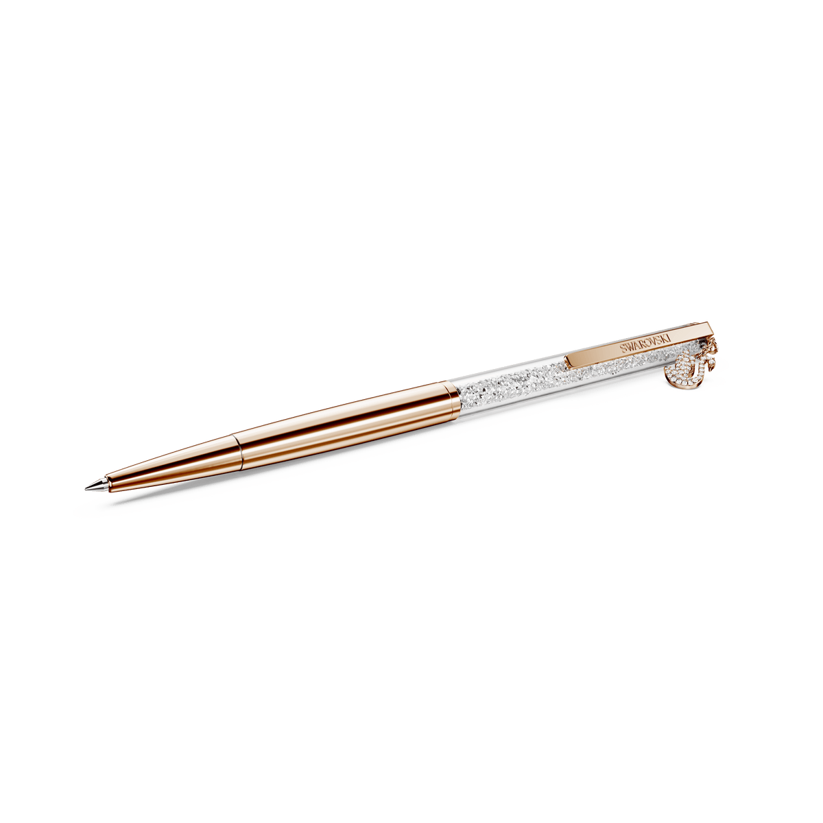 The Swarovski Crystalline ballpoint pen, Swan edition, by Swarovski features a luxurious rose gold-tone plated finish with glittering accents and a decorative charm attached to the clip, presented against a white background.