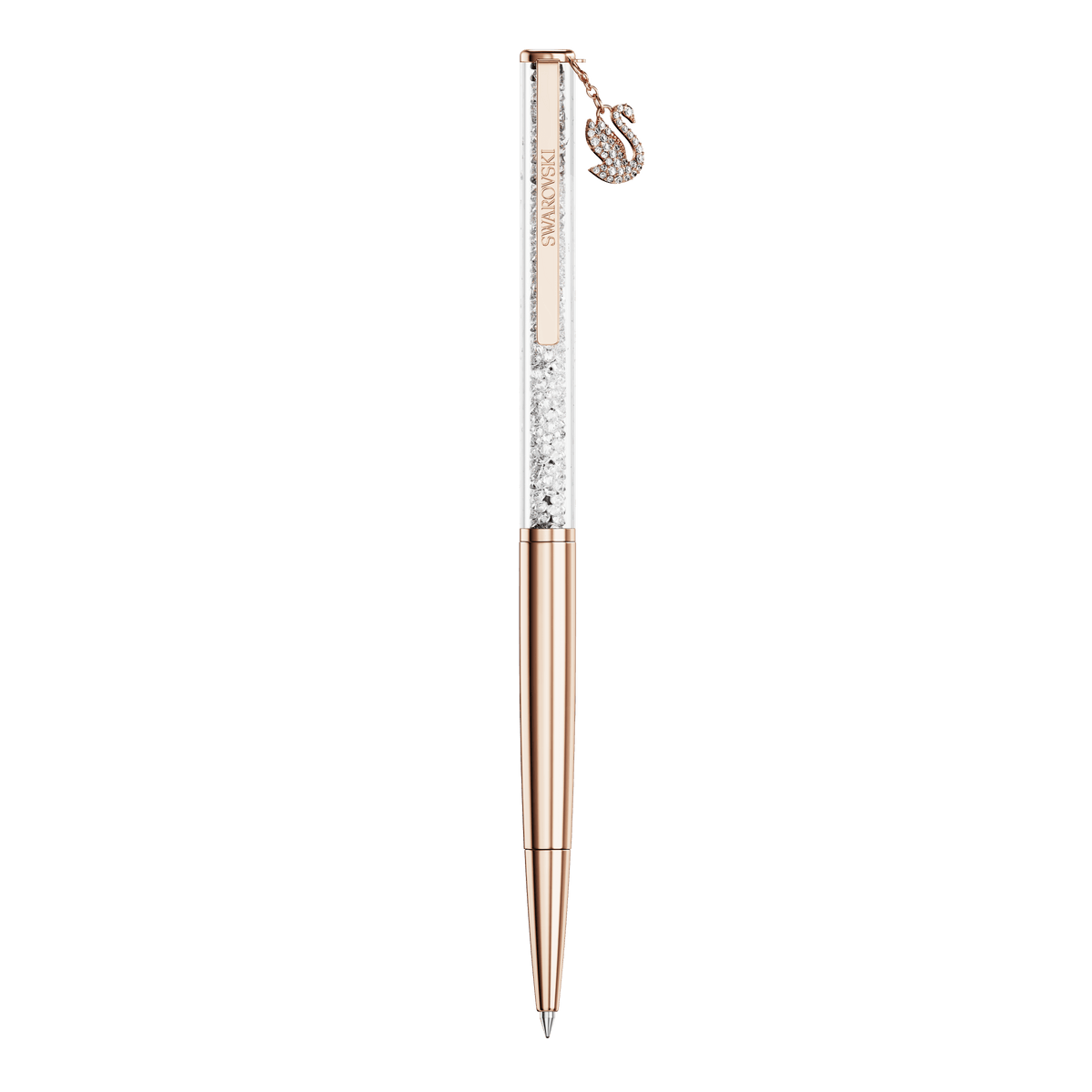 Experience luxury with the Swarovski Crystalline Ballpoint Pen in a sophisticated rose gold-tone plating. This exquisite pen showcases a transparent barrel adorned with sparkling crystals and is elegantly finished with a delicate Swarovski swan charm gracefully suspended from the top.