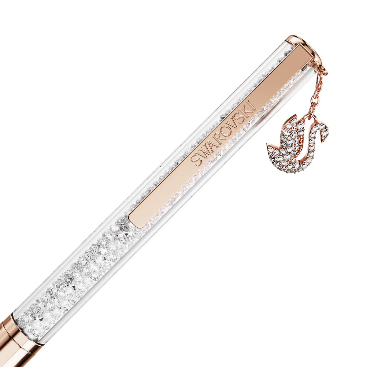 Introducing the Swarovski Crystalline ballpoint pen, Swan, Rose gold-tone plated by Swarovski—featuring a sparkling clear barrel filled with crystals, an elegant rose gold-tone clip, and a signature swan-shaped charm that brings refined sophistication to every writing experience.