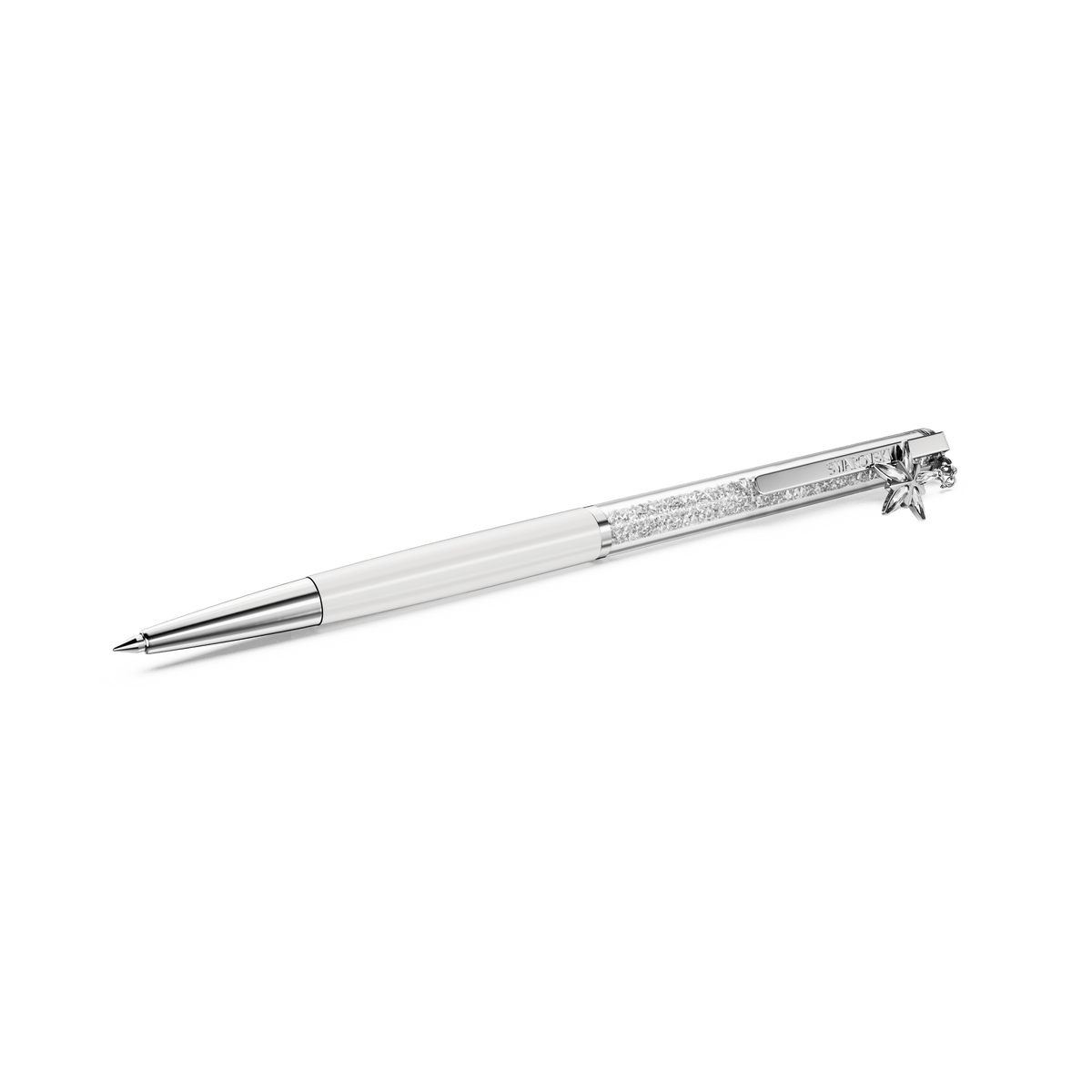 The Swarovski Crystalline ballpoint pen by Swarovski features a white lacquered finish with chrome-plated accents, adorned with intricate floral detailing on the clip and a small decorative charm near the top, all set against a plain white background.