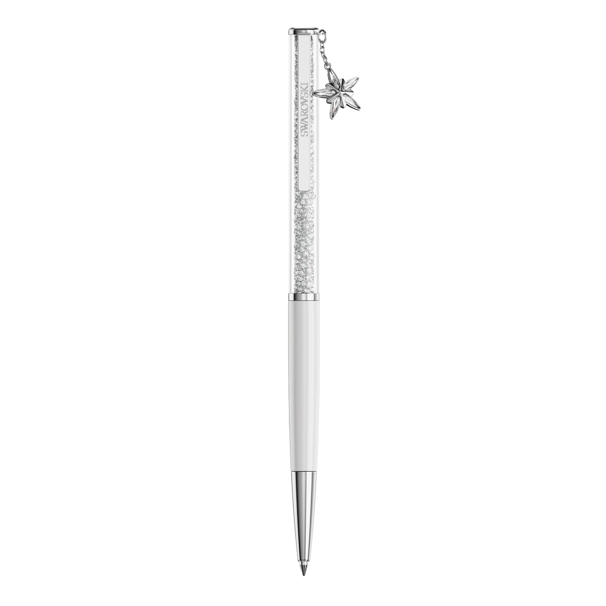 The Swarovski Crystalline ballpoint pen in white features a sleek white lacquered barrel with chrome-plated accents, a clear midsection filled with sparkling crystals inspired by classic Swarovski elegance, and is topped off with a delicate star-shaped charm. This stylish writing instrument effortlessly blends functionality and refined glamour.