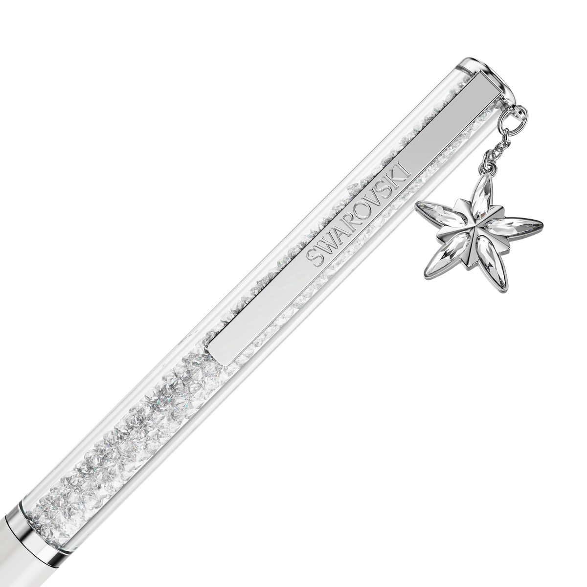 A close-up of the Swarovski Crystalline ballpoint pen showcases its white lacquered barrel, embedded crystals, and a chrome-plated star-shaped charm hanging from the clip, set against a white background.