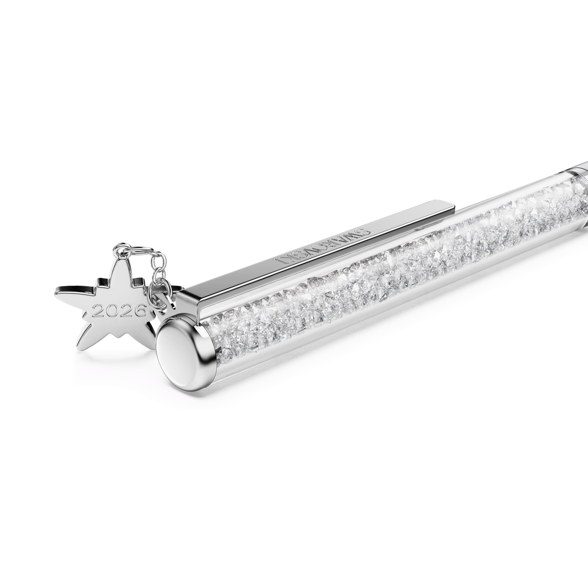 A Swarovski Crystalline ballpoint pen in white lacquer with chrome-plated accents is filled with sparkling crystals and displayed against a white background.