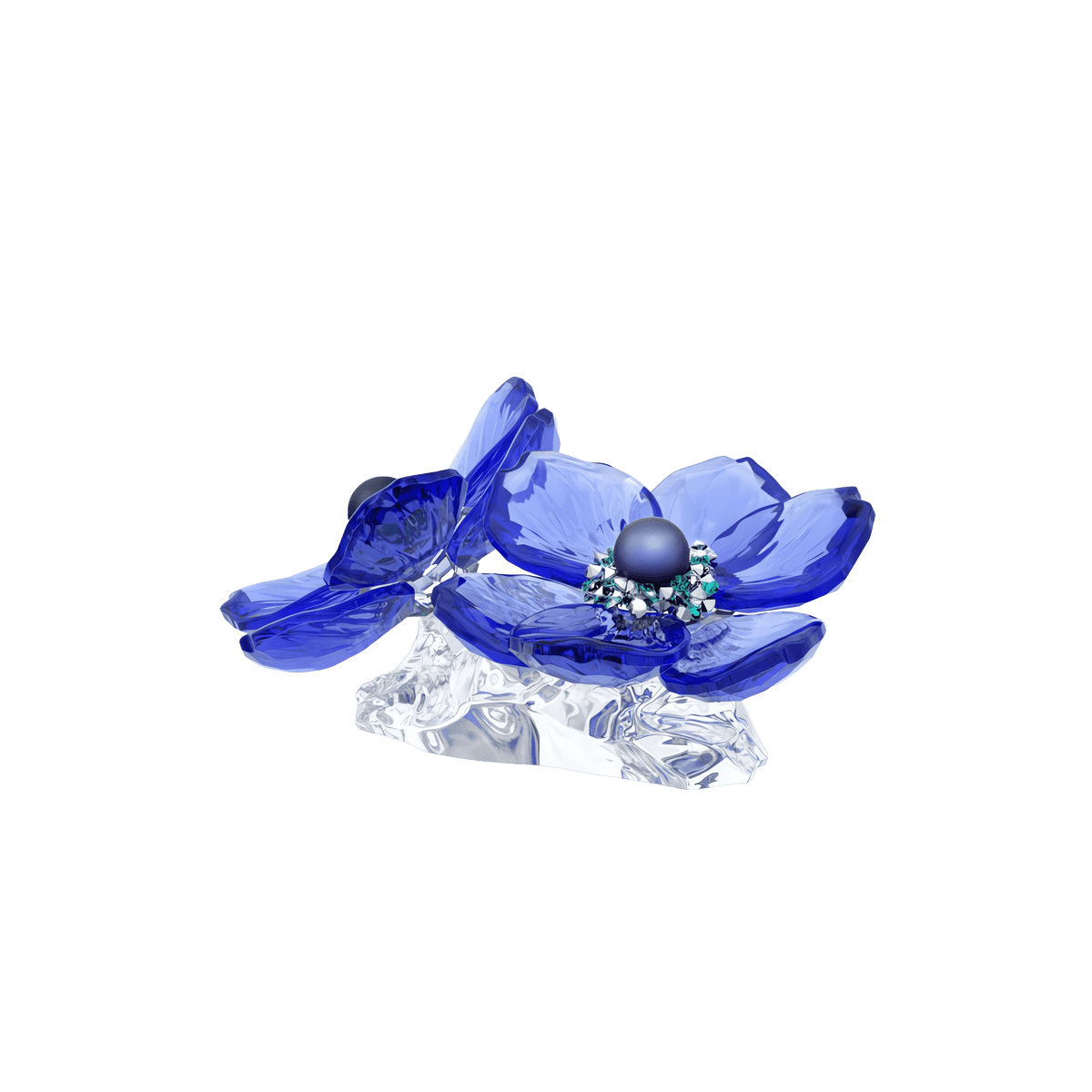 The Swarovski Idyllia SCS Anemone Coronaria Flower by Swarovski features two blue glass anemone blooms on a clear glass base, accented with a metallic purple center and adorned with small green and clear Swarovski Crystal Pearls around the center of one bloom, creating a striking piece of botanical décor.