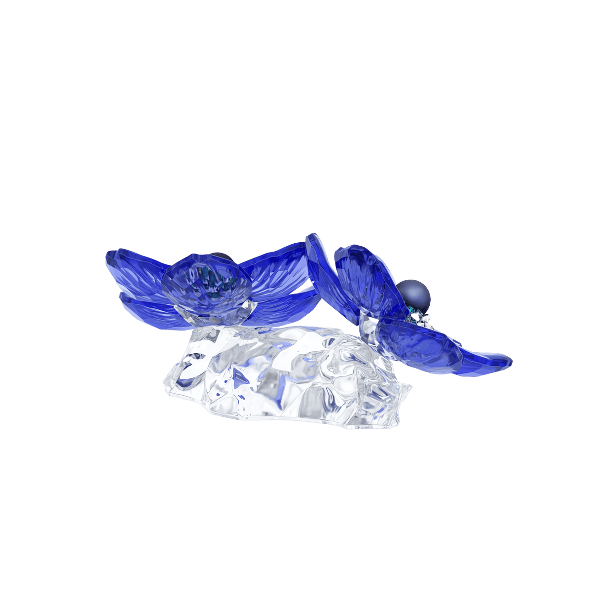 Two blue Swarovski Idyllia SCS Anemone Coronaria flowers, accompanied by a small decorative accent, rest on a clear, textured crystal base against a white background, creating elegant botanical décor by Swarovski.