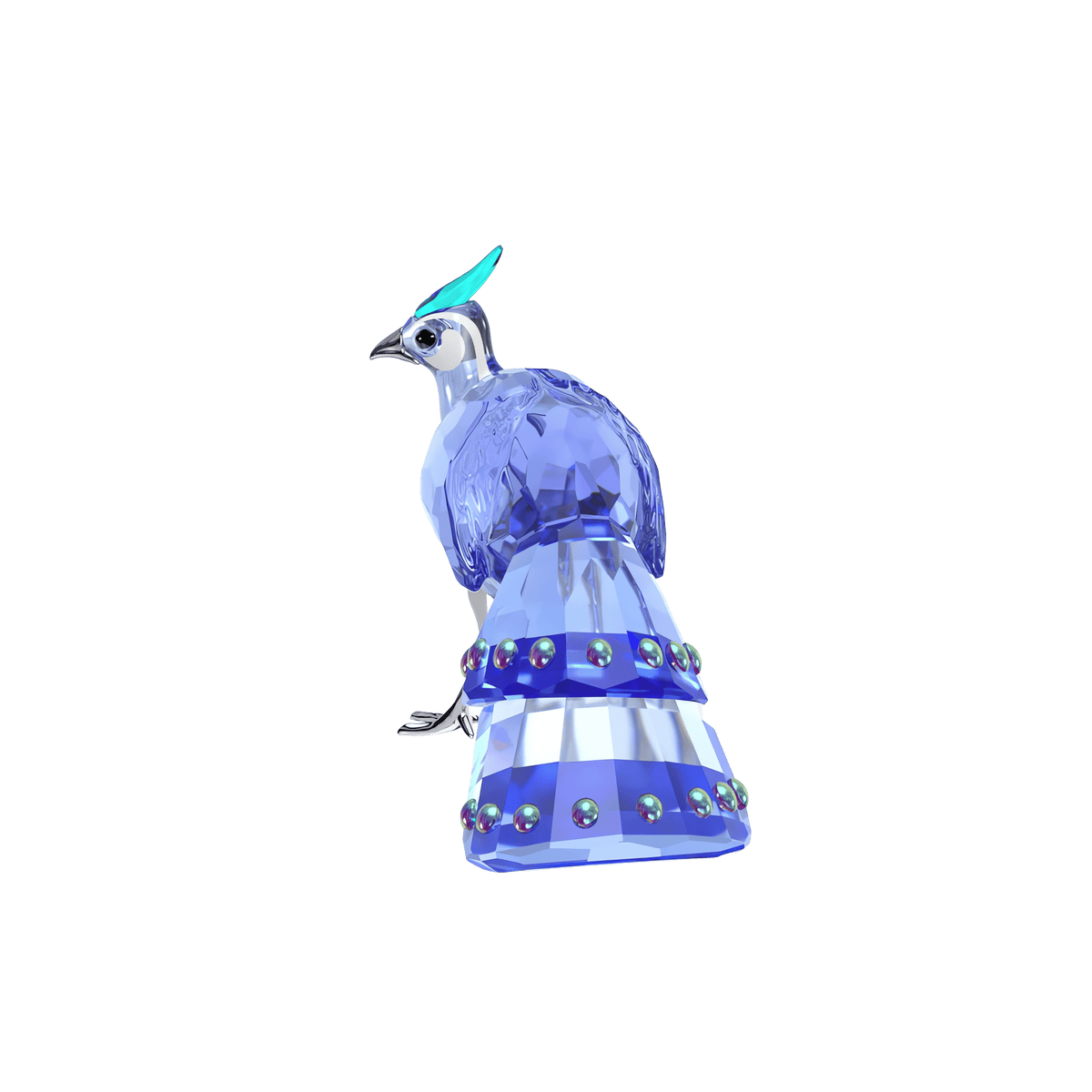 The Swarovski Idyllia SCS Palawan Peacock-Pheasant figurine by Swarovski stands elegantly against a plain white background. Reminiscent of a classic peacock, this stunning blue crystal bird features jewel-like details in its tail and a turquoise crest, adding sophistication and decorative flair to any display.