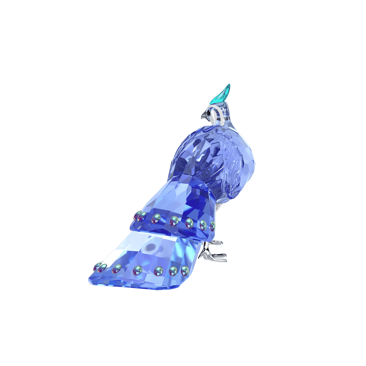 The Swarovski Idyllia SCS Palawan Peacock-Pheasant is a stunning blue, faceted crystal figurine featuring a detailed tail and turquoise crest, standing on a white background. This exquisite piece highlights the elegance of Swarovski craftsmanship and decorative crystals.
