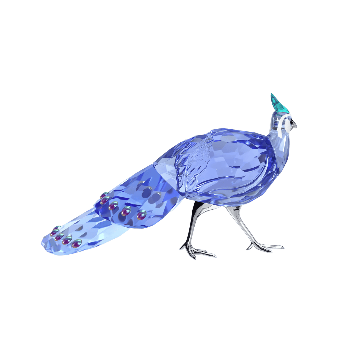 The Swarovski Idyllia SCS Palawan Peacock-Pheasant by Swarovski features a blue, faceted body and tail, silver legs, and a green accent on its head, set against a plain white background. This exquisite figurine showcases the elegance of decorative crystals in every detail.